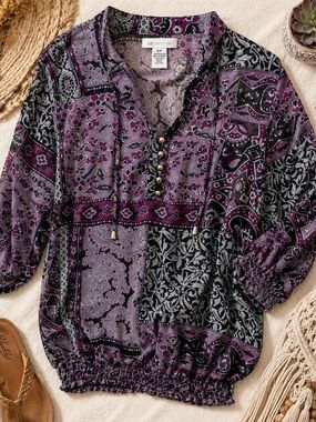 Liz Claiborne Boho Paisley Peasant Blouse M